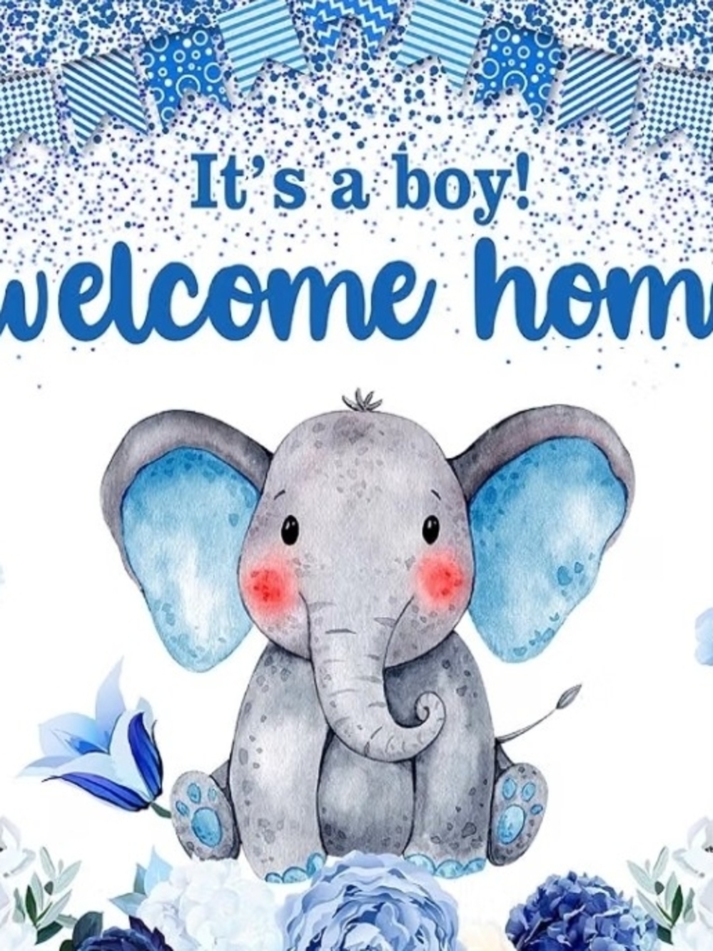 Cute Baby Boy Elephant Welcome Home Banner - Blue